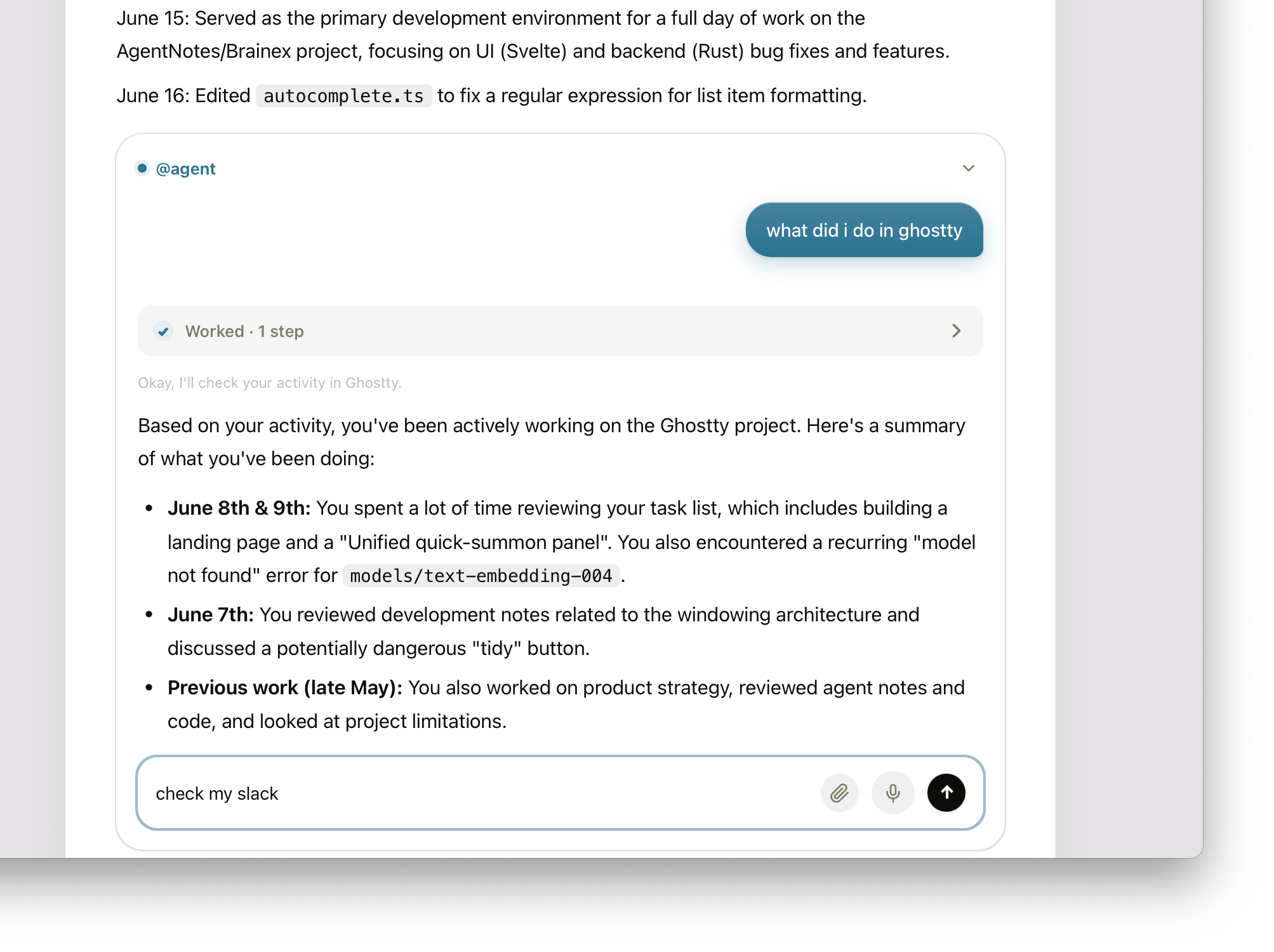 The @agent answering a question and taking action inside a note