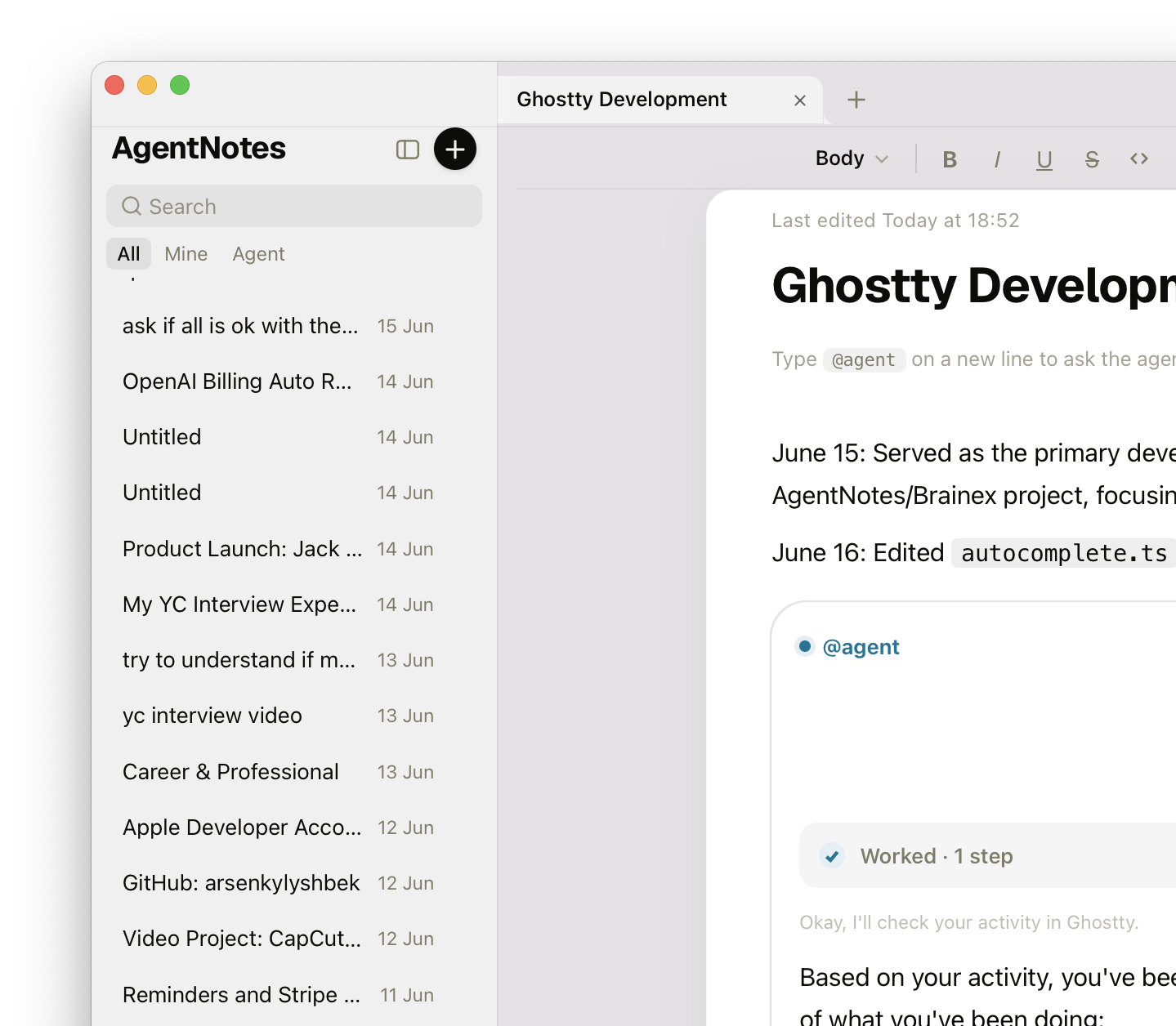 The AgentNotes sidebar full of automatically captured notes